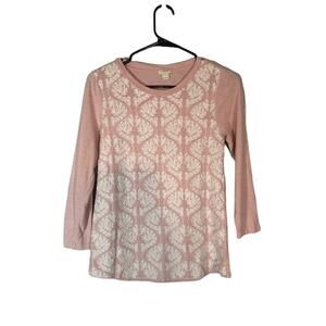 J. Crew Pink & White Embroidered Crew Neck Floral 3/4 Sleeve Blouse Women Sz S
